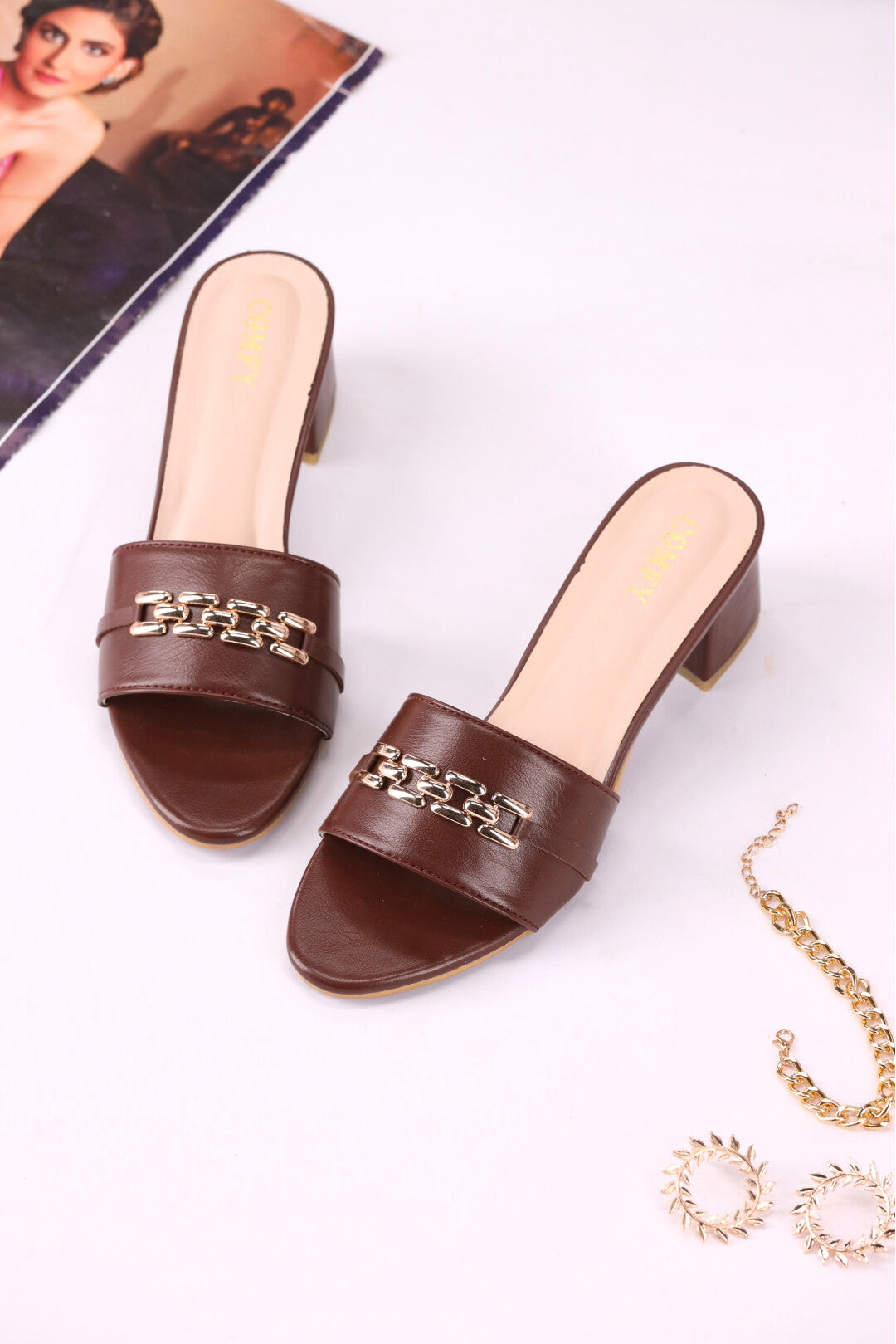 Elegant Synthetic Leather Open Heel Velvet Slippers (113)